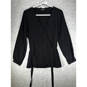 J.Crew Mercantile Women's Blouse Size 4 Black Wrap V-neck Long-sleeve Belted